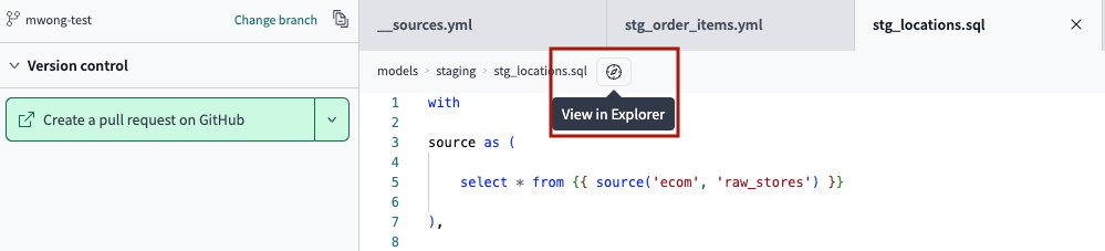 Access dbt Explorer from the IDE by clicking on the 'View in Explorer' icon next to the file breadcrumbs. 