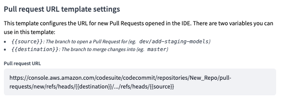 In the Pull request URL field example, the repository name is 'New_Repo'.